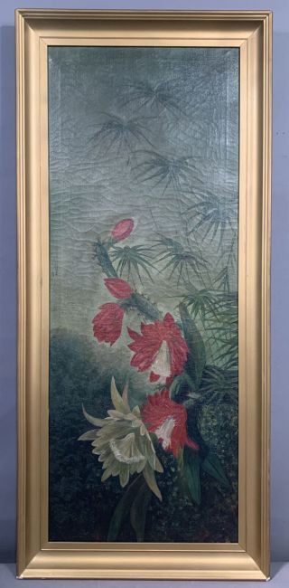 Lg Antique Art Nouveau Era Wild Flowers Old Still Life Oil Painting & Frame