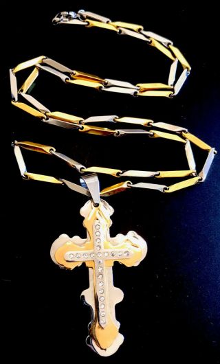Vintage Religious Men’s Gold & Silver Tone 30” Cross With Rhinestone Necklace