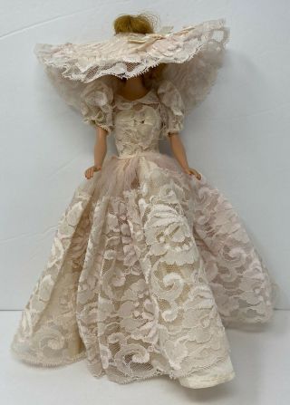 Vintage Barbie Doll Pink Gown Dress With Lace Overlay & Matching Hat/ Collar