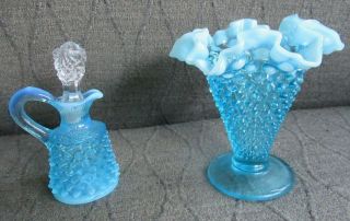 Vintage Fenton Blue Opalescent Hobnail Ruffled Vase & Cruet