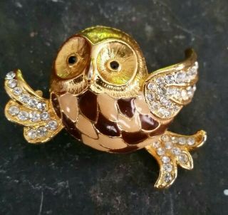 Vintage Attwood And Sawyer A&s Owl Bird Figural Enamel,  Crystal Brooch/pin
