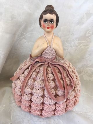 Antique Vintage Chalk Half Lady Chalkware Pin Cushion Doll With Crocheted Dress