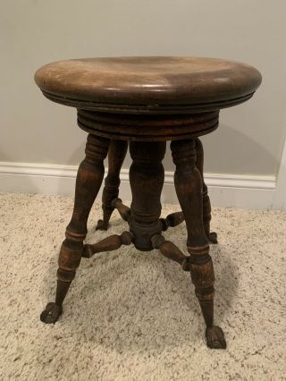 Antique Wood Piano Stool / Claw Feet / Swivel Adjustable Seat