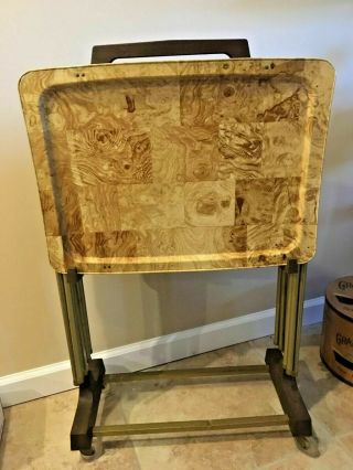 Vintage Set 4 Faux Wood Metal Tv Snack Tray Tables With Stand