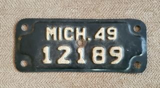 Vintage 1949 State Of Michigan Motorcycle License Plate Black & White Rare