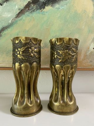 Antique Wwi World War One Brass Trench Art Vases