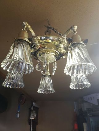 Antique Vintage Brass Pan 5 Light Hanging Crystals Ceiling Fixture With Shades