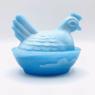 Vintage Blue Slag Milk Glass Hen On Nest Covered Dish 4 "