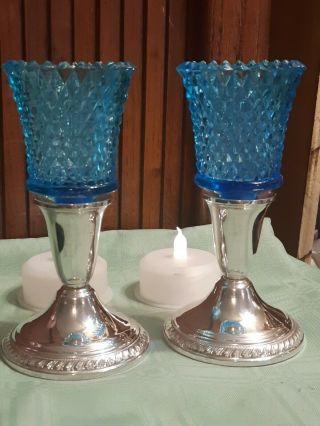 2 Sterling Silver Duchin Creations Candle Holders W/2 Blue Diamond Point Votive