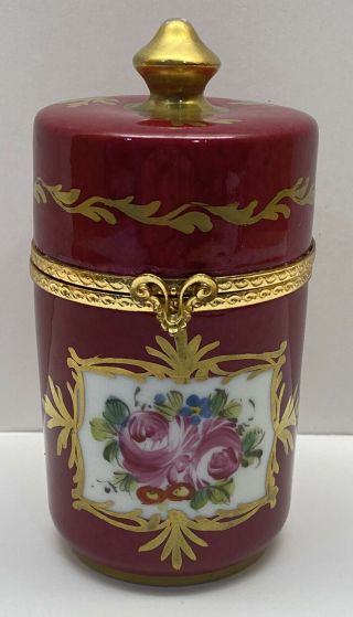 Vintage Large Limoges France Hinged Round Trinket Box Jar Gold Trim Flowers