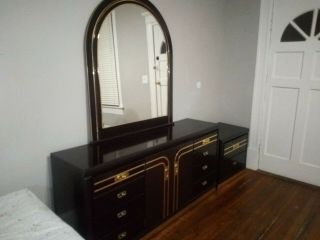 Vintage Black Lacquer Dresser Mirror Nightstand And Full Size Bed With Mattress