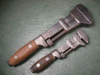 Antique Old Vintage Mechanics Tools Wood Handled Adjustable Wrenches Pair