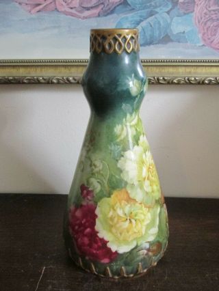 Antique Royal Bonn Germany Hand Painted Porcelain Vase Flowers Rose Gold 9 "