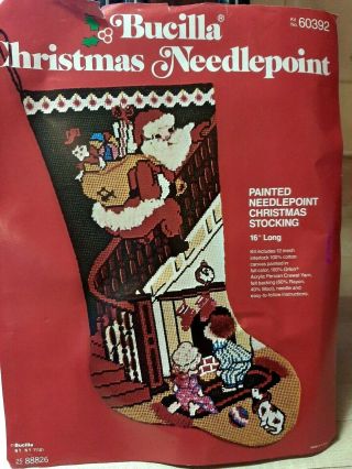 Vintage Bucilla Needlepoint Christmas Stocking Kit 60392 Santa On Banister