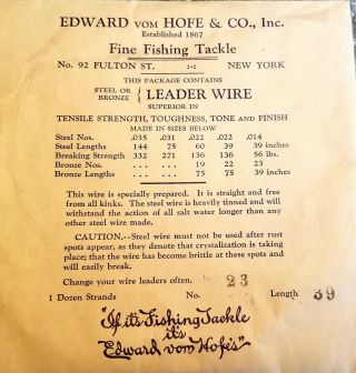 Antique Edward Vom Hofe Leader Wire 23 in Envelope Steel Fishing Tackle 39 3
