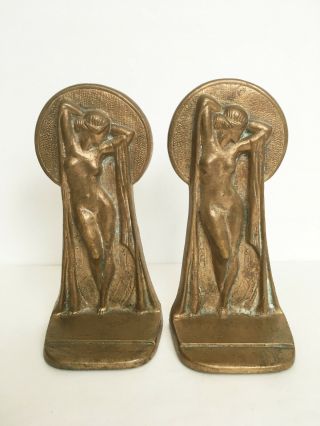 Vtg Antique Art Nouveau Deco Nude Woman Heavy Bronze Brass Bookends Circle H