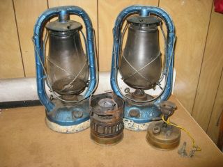 Vintage Blue Dietz Monarch Kerosene Oil Lanterns 14 " Plus 2 Old Cook Burners