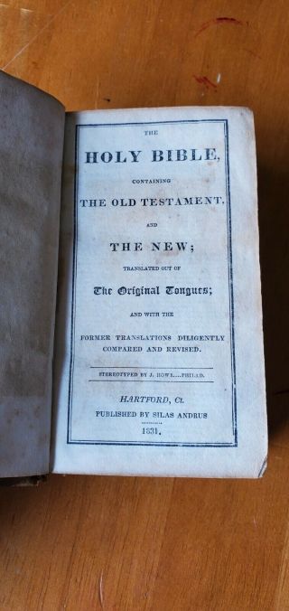 1831 Holy Bible Hartford Ct Kjv King James Old And Testament Leather Antique