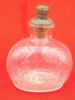 Vintage Glass Holy Water Bottle Sprinkler Top Embossed With Cross & Crown
