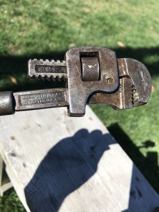 Vintage STILLSON 8in.  Adjustable Pipe Wrench w/ Wood Handle - Woolsworth Damahex 3