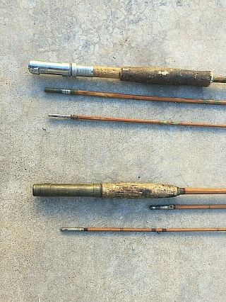 2 Vintage Bamboo Fly Rods 8 ' 3 Pc Unknown Mfg Wall Hanger Project Fishing Pole 2