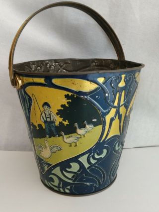 Antique Early Tin Victorian Embossed Sand Pail Toy Boy Geese & Birds 8 "