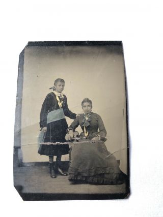 Antique 1800s Tintype Photo African American Black Mother Daughter Victorian Era