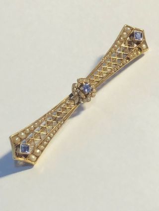 Antique 14k Yellow Gold,  Blue Stone,  Seed Pearl Bar Pin Brooch Vintage