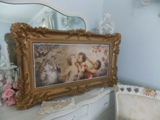 Lg.  Shabby Vintage Victorian Chic Cherub Rose Print W/ Ornate Italy Frame &&