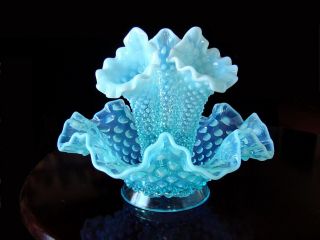 Vintage Fenton Blue Opalescent Hobnail Art Glass Epergne Bowl 3 Lily Horn Vase