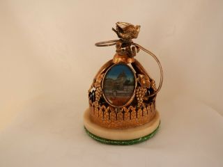 Antique French Gilt Metal Table Bell With 3 Paris Views & Dove Finial 5 " C.  1890