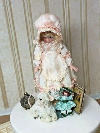 Dollhouse Miniature Vint.  Artisan Porcelain Little Bo - Peep Doll W/sheep 1:12