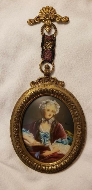 Antique Hand Painted Miniature Portrait Of 18th C.  Lady,  Unusual Frame,  Signed