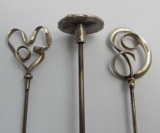 3 Decorative English Antique Art Nouveau 1908 Solid Sterling Silver Hatpins