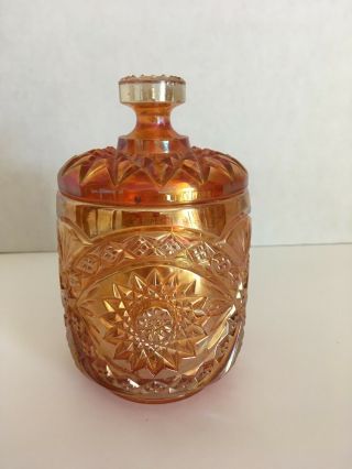 Vintage Imperial Iridescent Amber Marigold Orange Candy Dish Jar W/ Lid