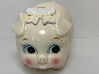 Vintage Ceramic Anthropomorphic Piggy Bank Lefton Yellow Polka Dot Bow Japan