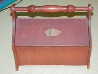 Vintage - Charming Small Brown Wood Sewing Box - Double Sided Hinged Lids & Handle