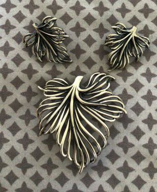 Vintage Napier Sterling Silver Pin Brooch Clip Earrings Set Open Work Leaves