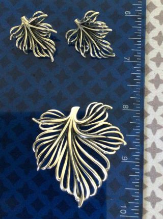 Vintage Napier sterling silver Pin Brooch Clip Earrings Set Open work Leaves 2