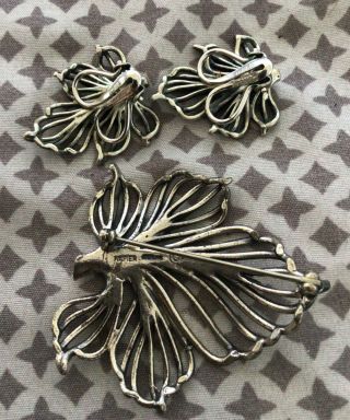 Vintage Napier sterling silver Pin Brooch Clip Earrings Set Open work Leaves 3