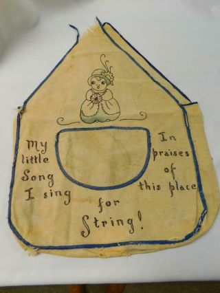 Antique Vintage Vogart Tinted Embroidered Linen Sewing String Bag W Pocket