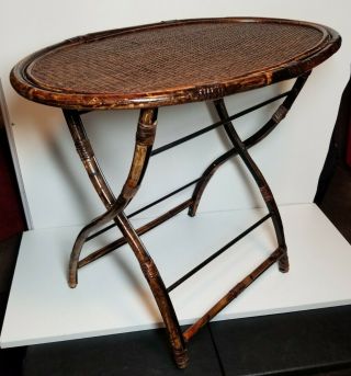 Vintage Oval Side Accent Table,  Wicker With Iron Reinforced Frame