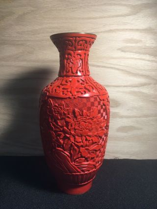 Vintage Chinese Carved Flower Red Cinnabar Lacquer 8 " Vase