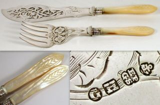 Antique Hallmarked England Silver Mother Of Pearl Fish Knife & Fork Serving Set