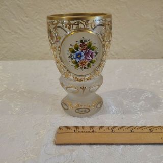 Antique Bohemian Moser Czech Goblet Gold Encrusted Frosted Glass 6 " Tall