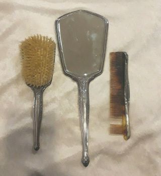 R WALLACE & SONS Sterling Silver Vanity Dresser Set Mirror & Brush ART DECO 2