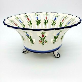 Vintage Floral Porcelain Open Weave Large 11 Inch Footed Basket Bowl Portugal