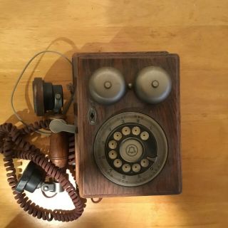 Antique Vintage Wall Telephone Rotary Dial Wooden Hand Oak Western Electric Att