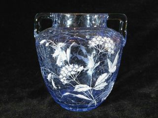 Antique C1890 Bohemian Harrach Blue Crackle Glass Vases White Enamel Butterfly