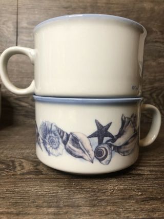 Vintage Otagiri Soup Mugs Bowls Sea Shells Set Of 2 Blue Nautical Beach Cottage